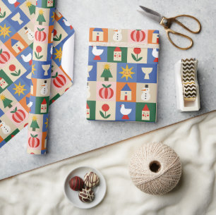 Retro-Folk-Weihnachtsikonen Farbige Feiertage Geschenkpapier