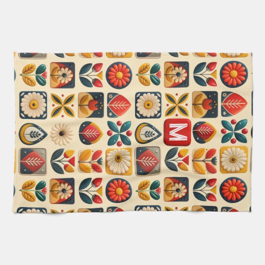 Retro Follikelfloral mit Personalisierter Monogram Geschirrtuch (Horizontal)