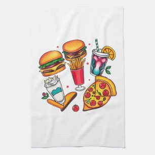Retro Food Icons - Burgers, Fries, Milchshakes Geschirrtuch