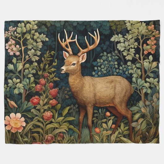Retro Forest Deer William Morris Inspiriert Muster Fleecedecke (Vorderseite (Horizontal))