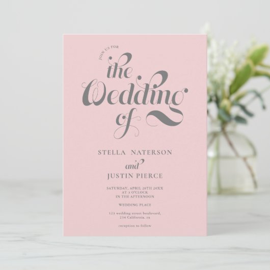 Retro Foto blassrosa Skript Hochzeit Qr-Code Einladung (Stehend Vorderseite)