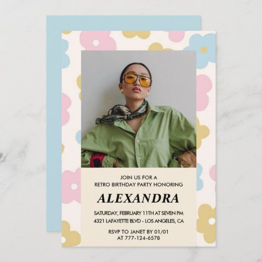 Retro Foto Blumenmuster 39. Geburtstag Einladung (Vorne/Hinten)