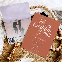 Retro Foto boho terracotta Skript Hochzeit Qr-Code Einladung