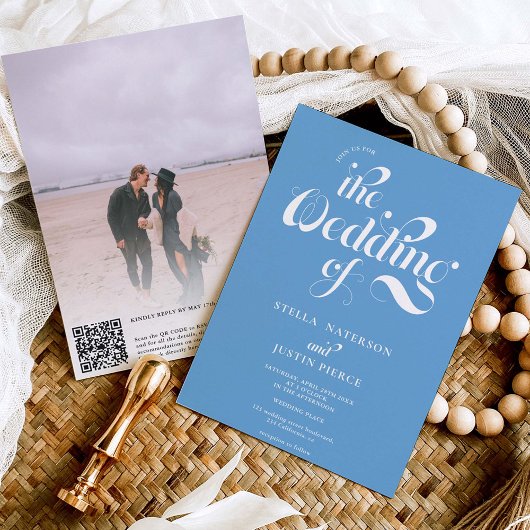Retro Foto dusty Blue Skript Hochzeit Qr-Code Einladung