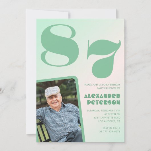 Retro Foto Green Gradient Man 87. Geburtstag Einladung (Vorderseite)