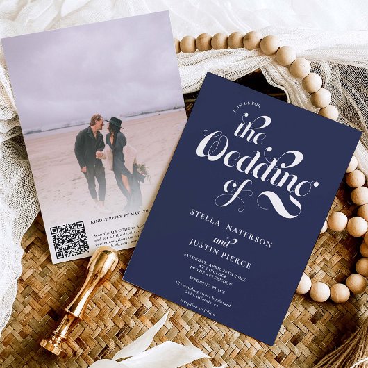 Retro Foto Marine Blue Skript Hochzeit Qr-Code Einladung