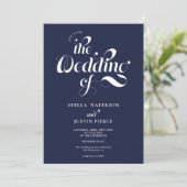 Retro Foto Marine Blue Skript Hochzeit Qr-Code Einladung (Stehend Vorderseite)