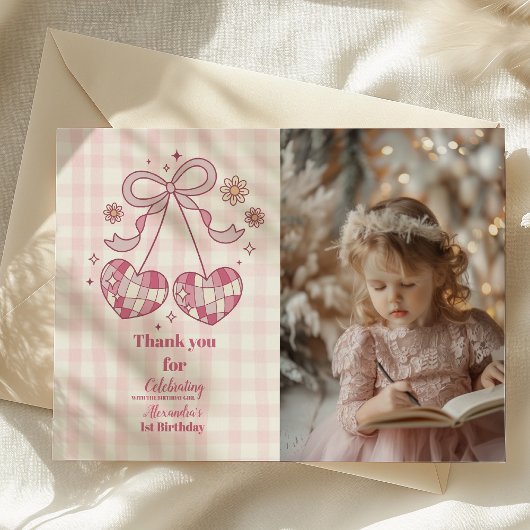 Retro Foto Niedlich Rosa Bow Coquette 1. Geburtsta Dankeskarte