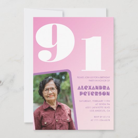 Retro Foto Pink 91. Geburtstag Einladung (Vorderseite)