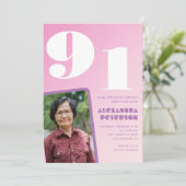 Retro Foto Pink 91. Geburtstag Einladung (Stehend Vorderseite)