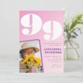 Retro Foto Pink 99. Geburtstag Einladung (Stehend Vorderseite)