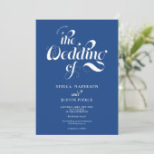 Retro Foto White Blue Skript Hochzeit Qr-Code Einladung (Stehend Vorderseite)