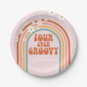 Retro Four Ever Groovy Gänseblümchen Regenbogen 4. Pappteller