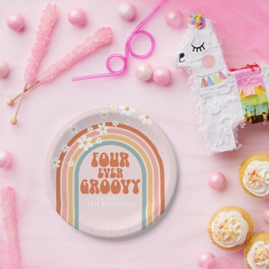 Retro Four je Groovy daisy Regenbogen 4. Geburtsta Pappteller (Party)