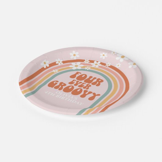 Retro Four je Groovy daisy Regenbogen 4. Geburtsta Pappteller (Schrägansicht)