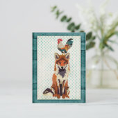 RETRO FOX & ROOSTER Postkarte (Stehend Vorderseite)