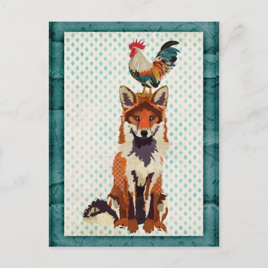 RETRO FOX & ROOSTER Postkarte (Vorderseite)