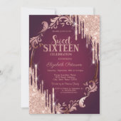 Retro Frame Rose Gold Glitzer Tropfen Burgundy Einladung (Vorderseite)