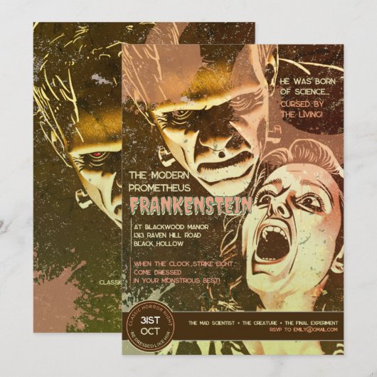 Retro Frankenstein Vintage Horror Einladung (Vorne/Hinten)