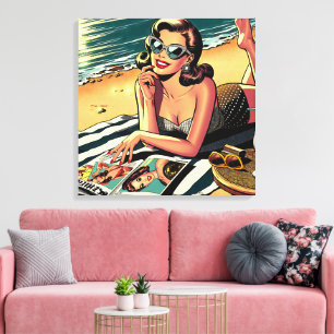 Retro-Frau am Strand beim Lesen eines Modemagazins Leinwanddruck