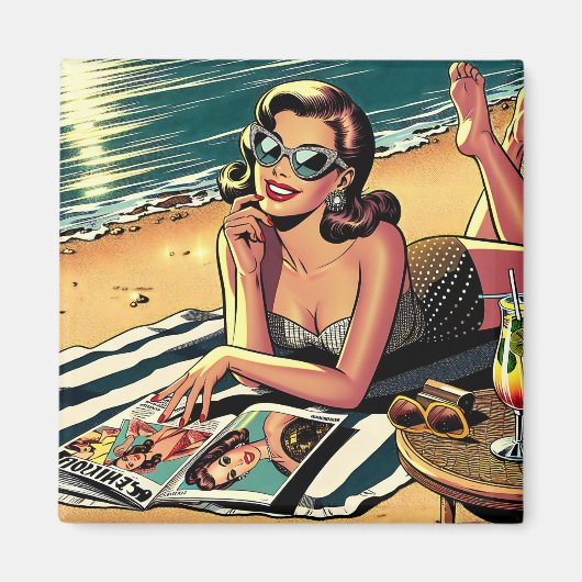 Retro-Frau am Strand beim Lesen eines Modemagazins Magnet (Vorne)