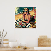 Retro-Frau am Strand beim Lesen eines Modemagazins Poster (Küche)
