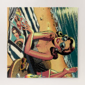 Retro-Frau am Strand beim Lesen eines Modemagazins Puzzle (Horizontal)