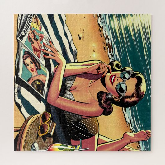 Retro-Frau am Strand beim Lesen eines Modemagazins Puzzle (Horizontal)