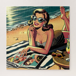 Retro-Frau am Strand beim Lesen eines Modemagazins Puzzle