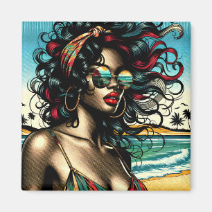 Retro-Frau am Strand im Comic-Stil Pop-Art Magnet