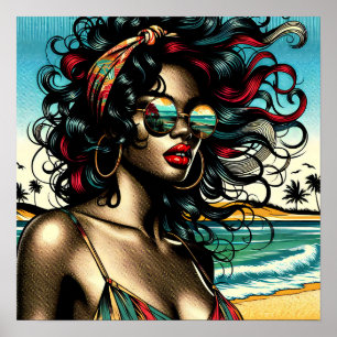 Retro-Frau am Strand im Comic-Stil Pop-Art Poster