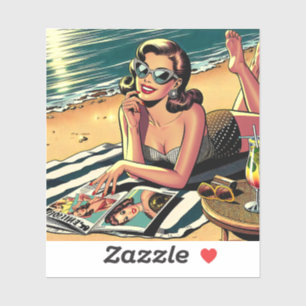 Retro-Frau am Strand liest eine Modezeitschrift Aufkleber