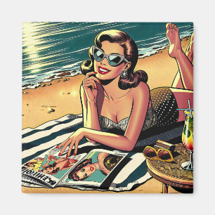 Retro-Frau am Strand liest eine Modezeitschrift Magnet