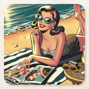 Retro-Frau am Strand liest eine Modezeitschrift Rechteckiger Pappuntersetzer