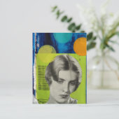 Retro-Frau auf grüner und blauer Mixed-Media-Colla Postkarte (Stehend Vorderseite)