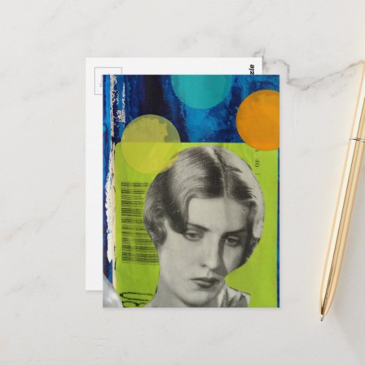 Retro-Frau auf grüner und blauer Mixed-Media-Colla Postkarte (Vorderseite/Rückseite Beispiel)