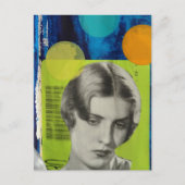 Retro-Frau auf grüner und blauer Mixed-Media-Colla Postkarte (Vorderseite)