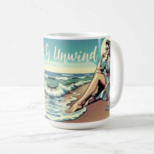Retro-Frau aus den 50er Jahren am Strand Kaffeetasse (VorderseiteRechts)