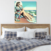 Retro-Frau aus den 50er Jahren am Strand Leinwanddruck (Insitu (Schlafzimmer))
