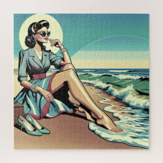 Retro-Frau aus den 50er Jahren am Strand Puzzle