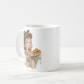 Retro-Frau genießt Pizzastück Kaffeetasse (Vorderseite Links)