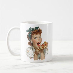 Retro-Frau genießt Pizzastück Kaffeetasse