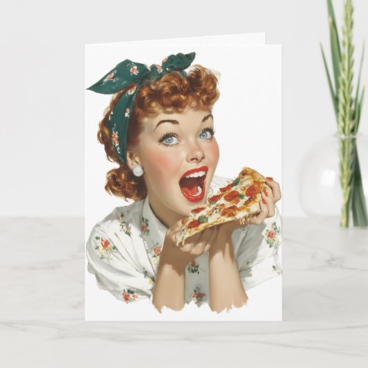 Retro-Frau genießt Pizzastück Karte (Vorderseite)