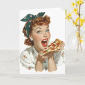 Retro-Frau genießt Pizzastück Karte (Gelbe Blume)