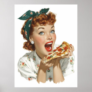 Retro-Frau genießt Pizzastück Poster