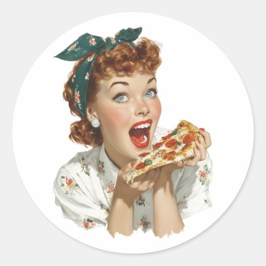 Retro-Frau genießt Pizzastück Runder Aufkleber (Vorderseite)