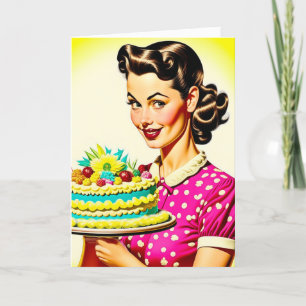 Retro-Frau hält eine Vintage-Torte zum Geburtstag Karte