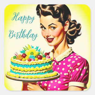 Retro-Frau hält eine Vintage-Torte zum Geburtstag Quadratischer Aufkleber