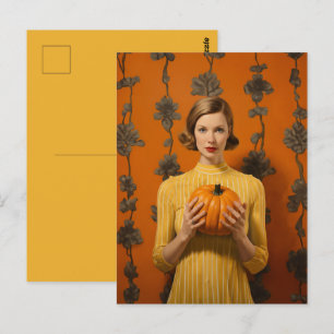 Retro-Frau hält Kürbis Postkarte
