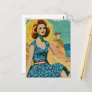 Retro-Frau in Blau mit Punkten - Ein Tag am Strand Postkarte